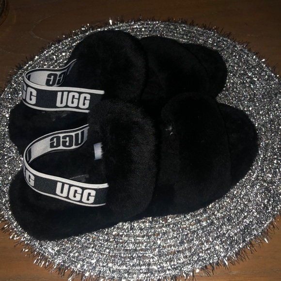 UGG Shoes - Ugg Black Logo Fluff Yeah slides sz 8